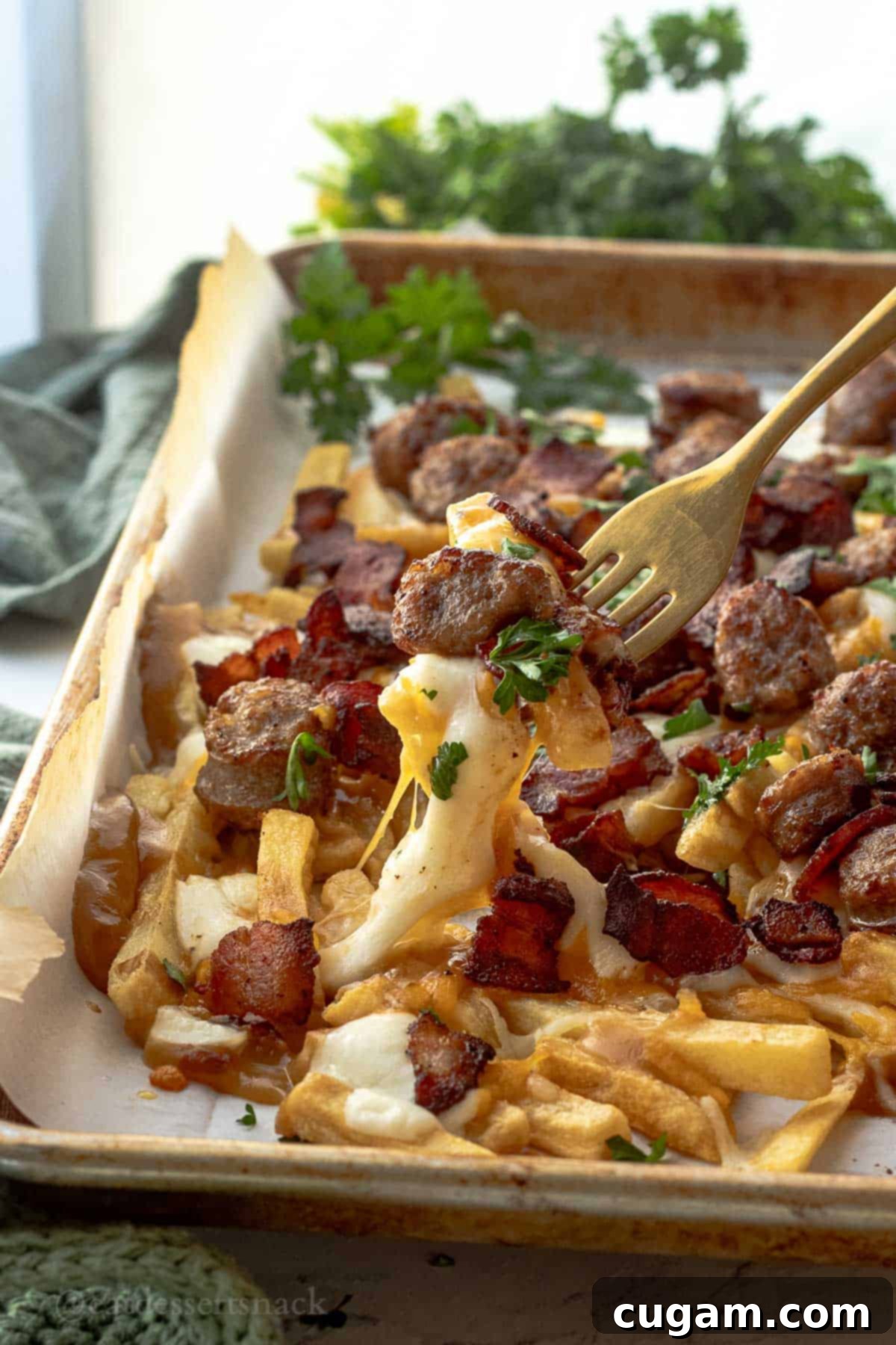 Fork with bite of irish poutine over metal pan with baked french fries, cheese, sausage, and bacon over parchment paper.