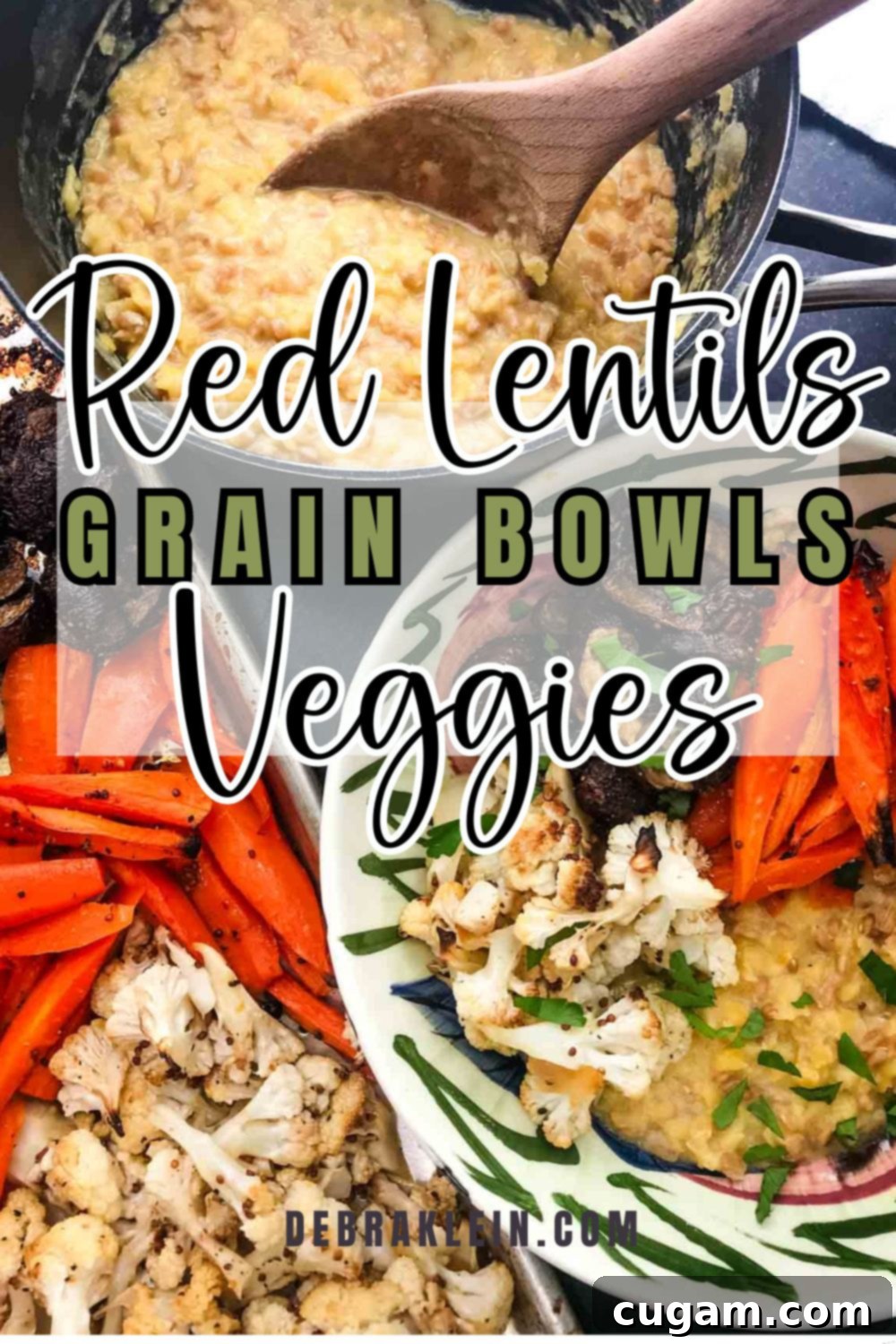 Roasted veggies and a pot of farro and lentils made with mustard for a creamy yellow color.