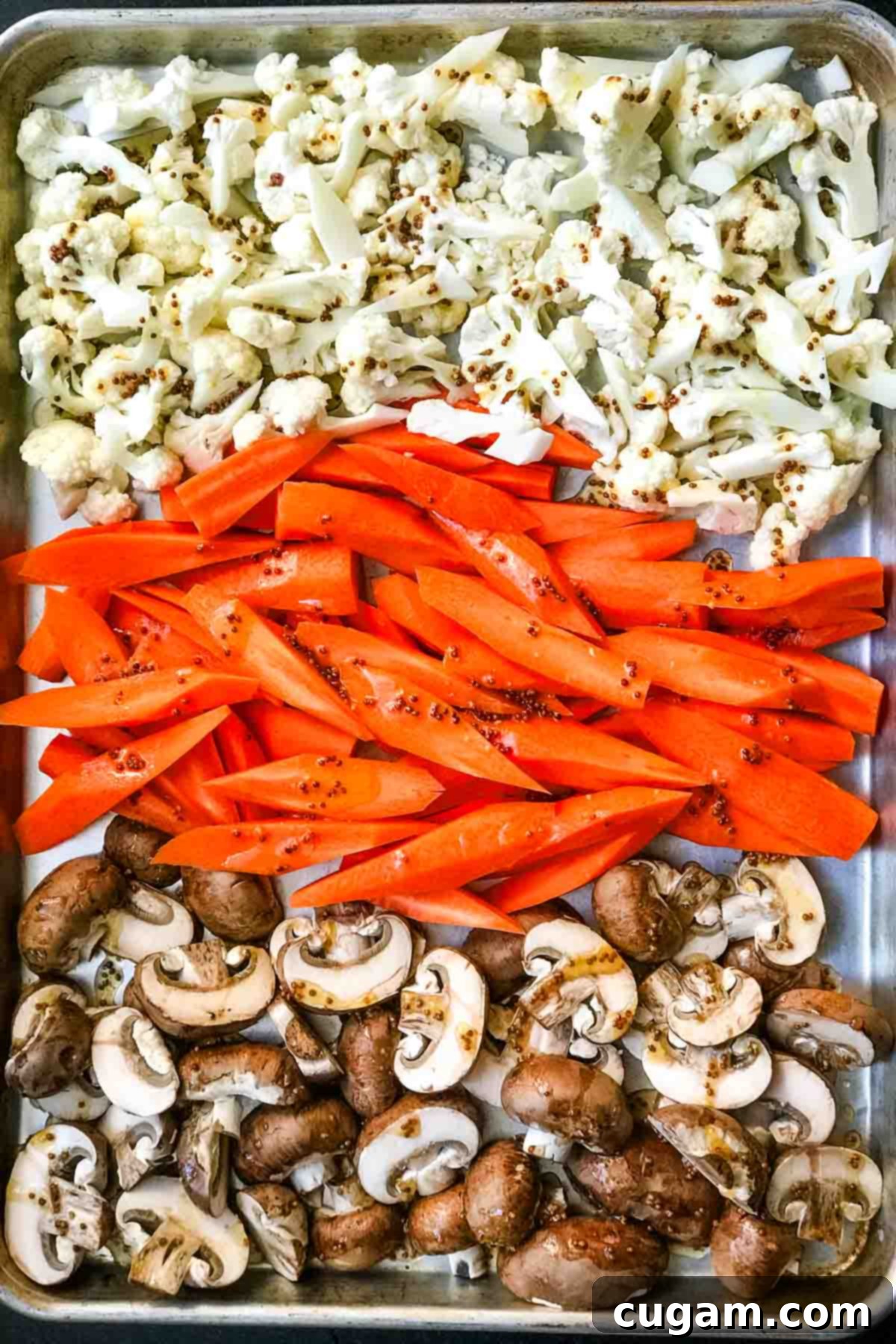 Baking tray with rows of cauliflower florets, spears of carrots and mushrooms drizzled with a mustardy dressing.