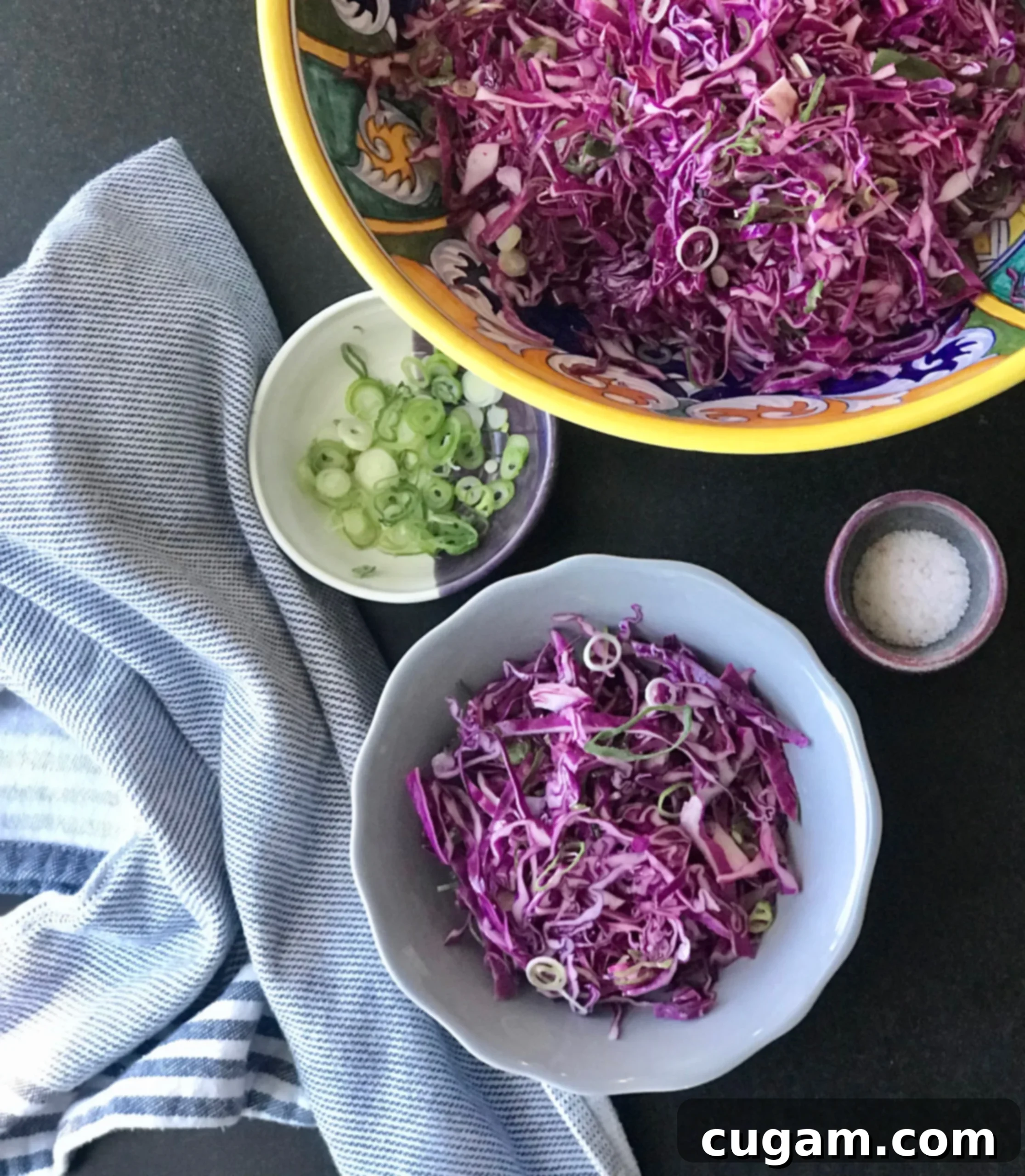 Big bowl of cabbage salad plus individual serving with condiments like scallions and sea salt.