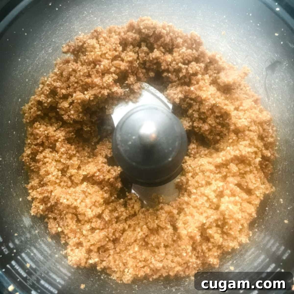 Crumbly date and nut mixture in the bowl of a food processor. 
