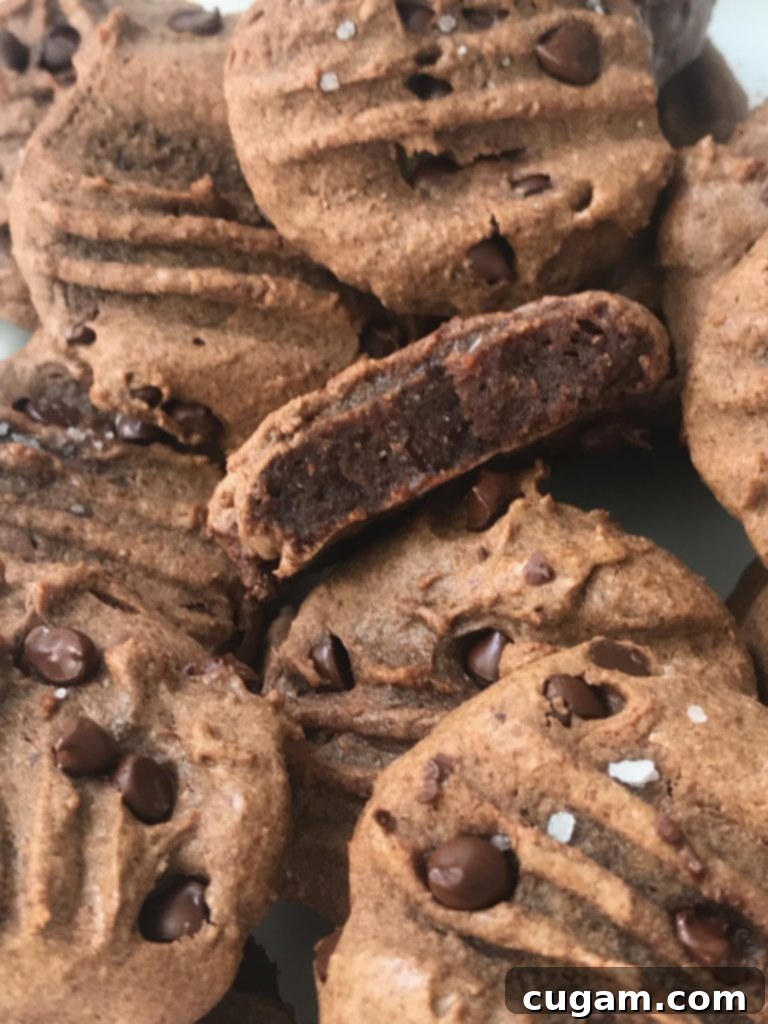 Grain-free Double Chocolate Cookies, showing a plate full of perfectly baked cookies, emphasizing their chewy and moist texture.