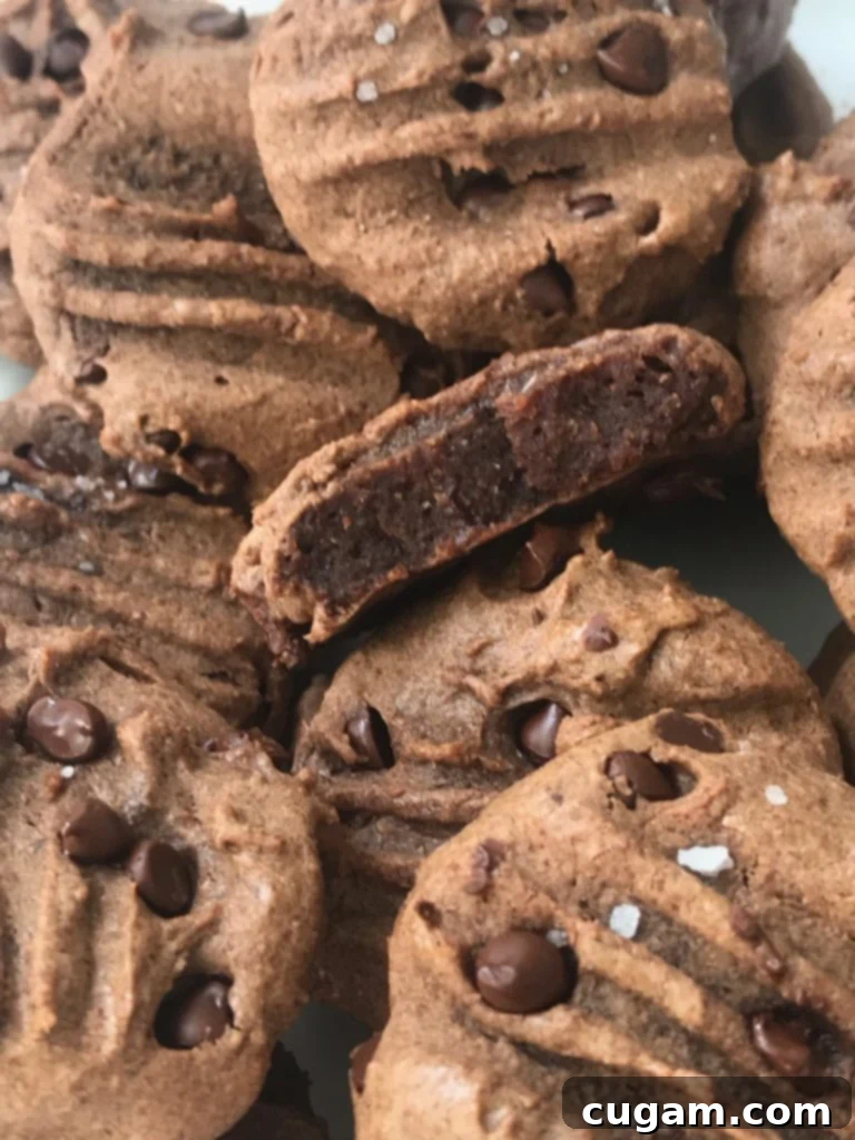 A stack of Grain-Free Double Chocolate Cookies, showcasing their chewy, moist texture and rich chocolate color, reminiscent of brownies.