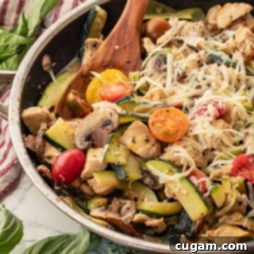 Savory Chicken Zucchini Tomato Skillet 9 Cooked Italian chicken, zucchini, tomatoes, and mushrooms in a metal pan with a wooden spoon, ready to serve.