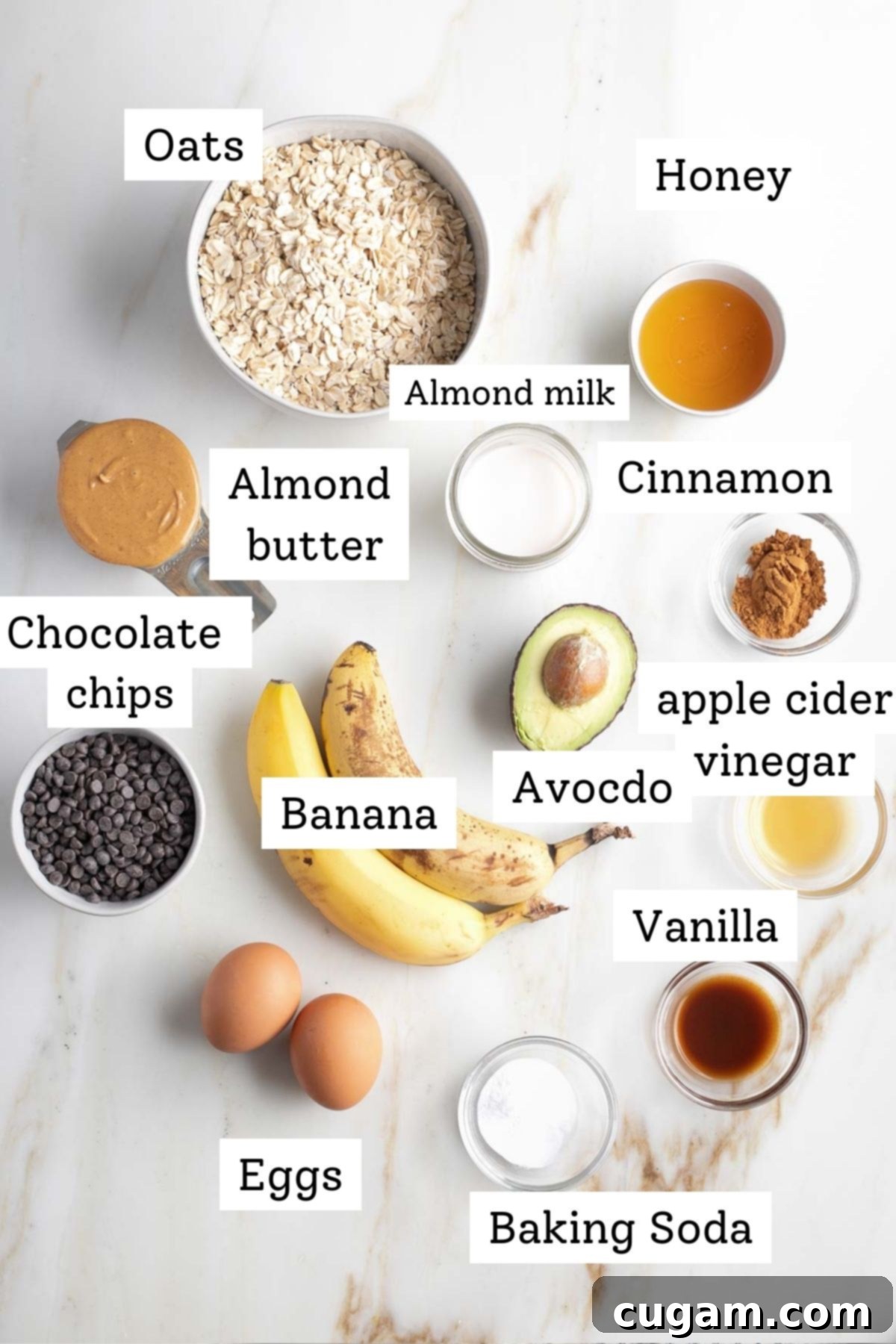 Labeled ingredient shot: oats, honey, almond butter, eggs, banana, chocolate chips, cinnamon, almond milk, apple cider vinegar, vanilla, avocado, baking soda for gluten-free banana chocolate chip muffins.