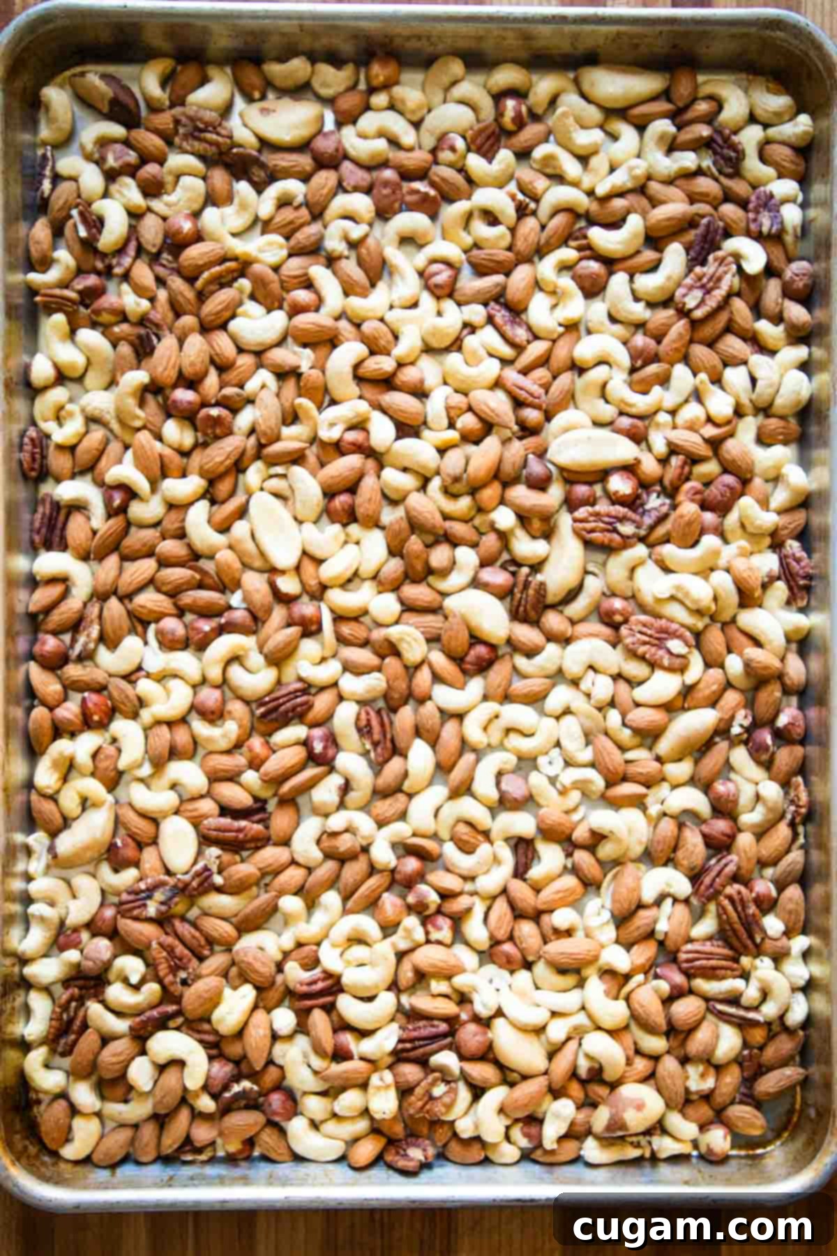 Large rimmed baking tray with assorted raw nuts spread in a single, even layer, ready for seasoning and roasting.