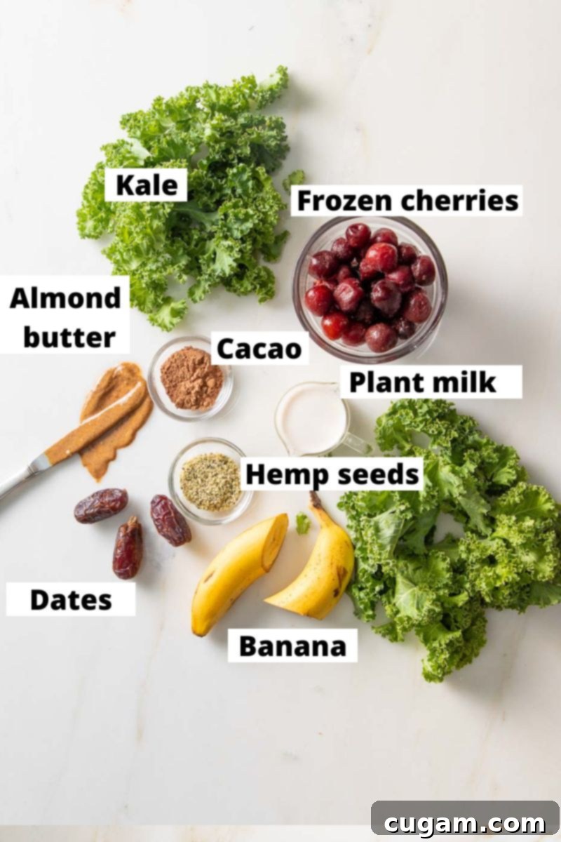 Cocoa Cherry Indulgence 3 Labeled smoothie ingredients: kale, frozen cherries, plant milk, banana, hemp seeds, dates, almond butter and cacao.