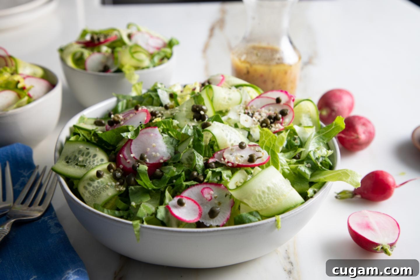 A beautifully arranged simple green salad featuring fresh lettuce, thinly sliced cucumbers, and radishes, lightly drizzled with an easy homemade dressing.