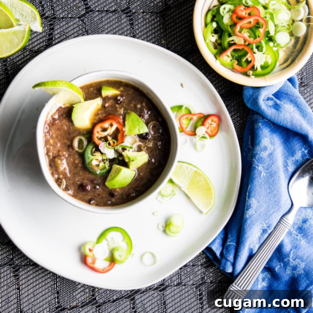 Delicious vegan black bean soup garnished with fresh lime wedges, sliced jalapeños, scallions, and crispy tortilla chips on a rustic surface.