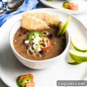 A close-up shot of a steaming bowl of easy vegan black bean soup, topped with fresh cilantro, avocado, and a squeeze of lime.