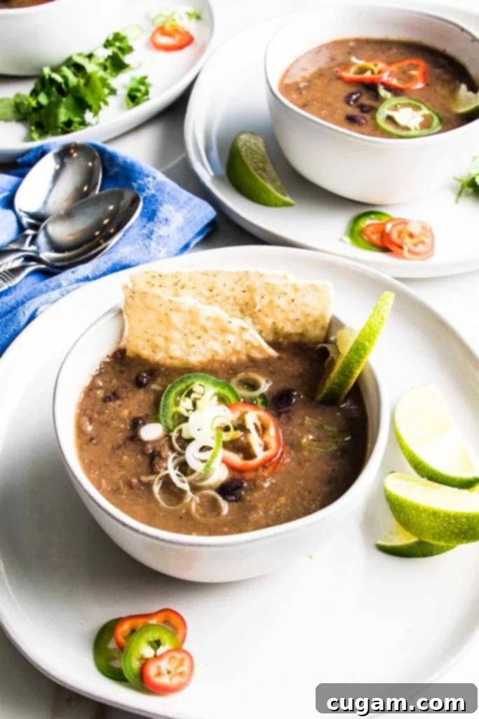 Two bowls of vibrant vegan black bean soup, generously topped with fresh cilantro, avocado slices, and a swirl of vegan sour cream.