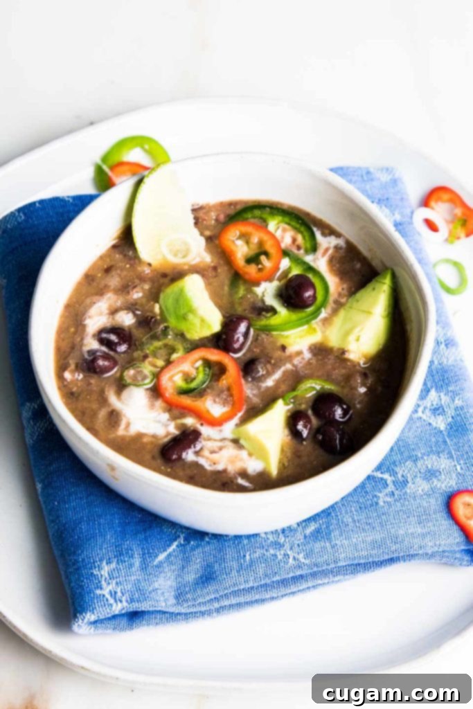 Simple Black Bean Bliss 5 A bowl of vibrant black bean soup, generously topped with creamy avocado chunks, spicy jalapeño slices, and fresh green scallions, highlighting its nutritious and delicious appeal.