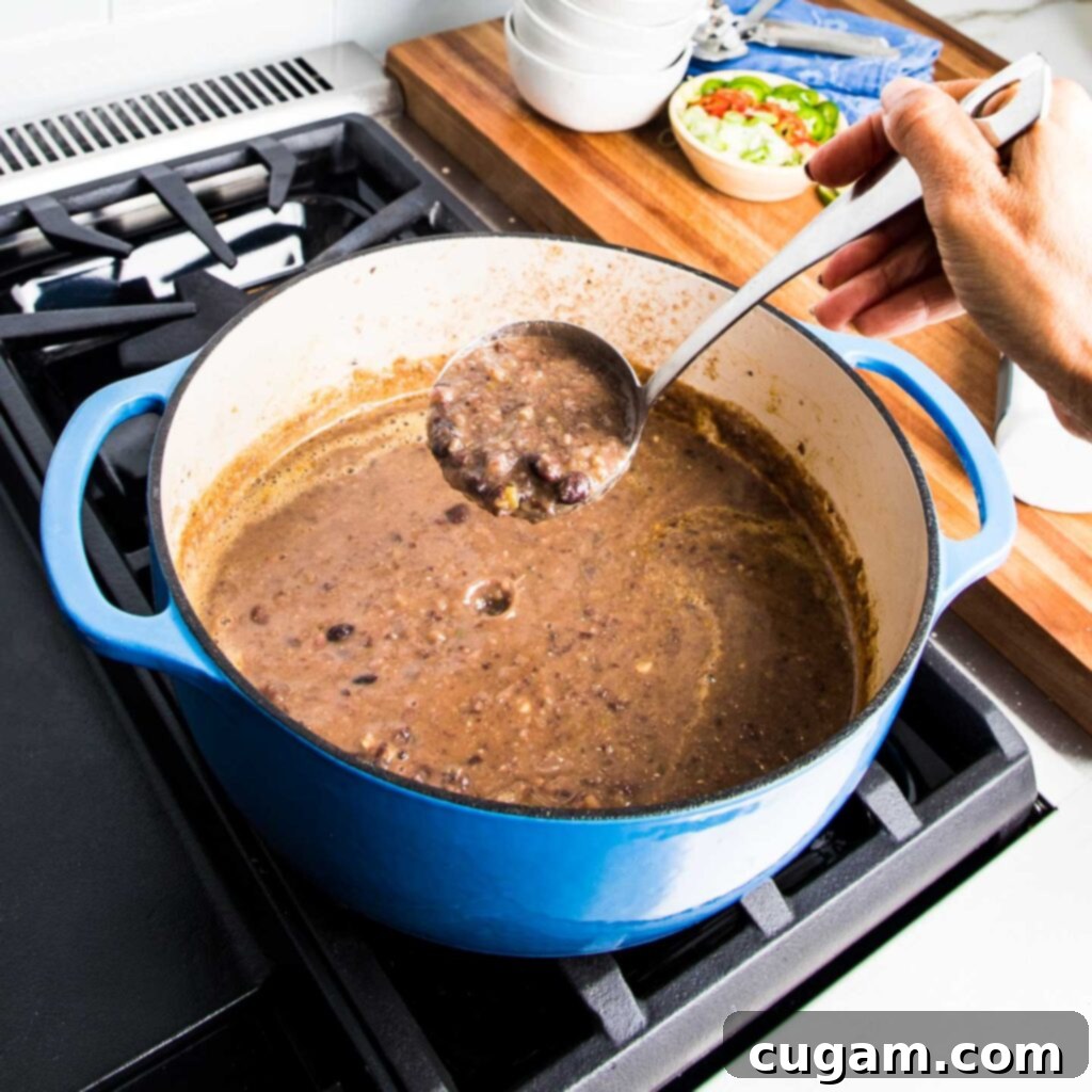 Simple Black Bean Bliss 10 A ladle emerging from a blue Dutch oven, filled with partially pureed black bean soup, showcasing its rich, thick texture.
