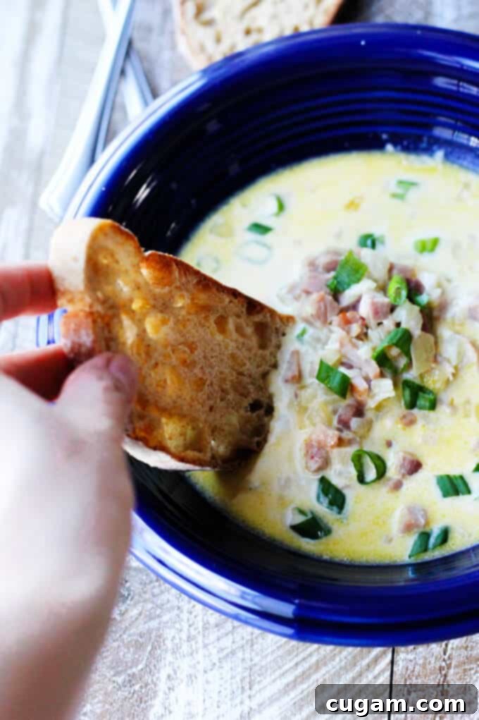 Hand dunking a piece of crusty bread into a bowl of ham and cheese soup, garnished with scallions.