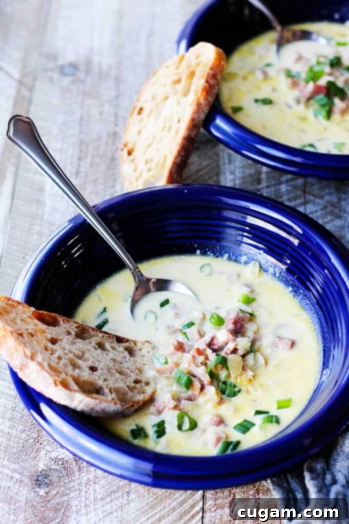 Two bowls of creamy ham and cheese soup, garnished with green onions and served with crusty bread and spoons.