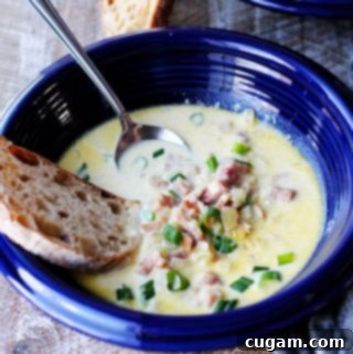 ham and cheese soup in blue bowl with scallion, bread and spoon inside, vertical shot