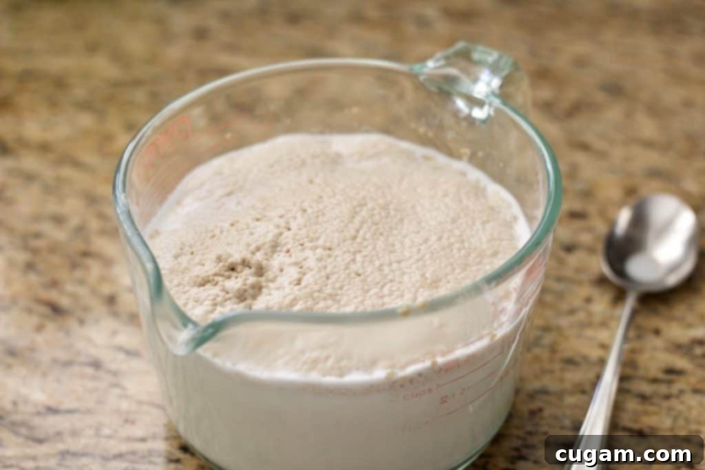 Proofed yeast in a glass measuring cup.