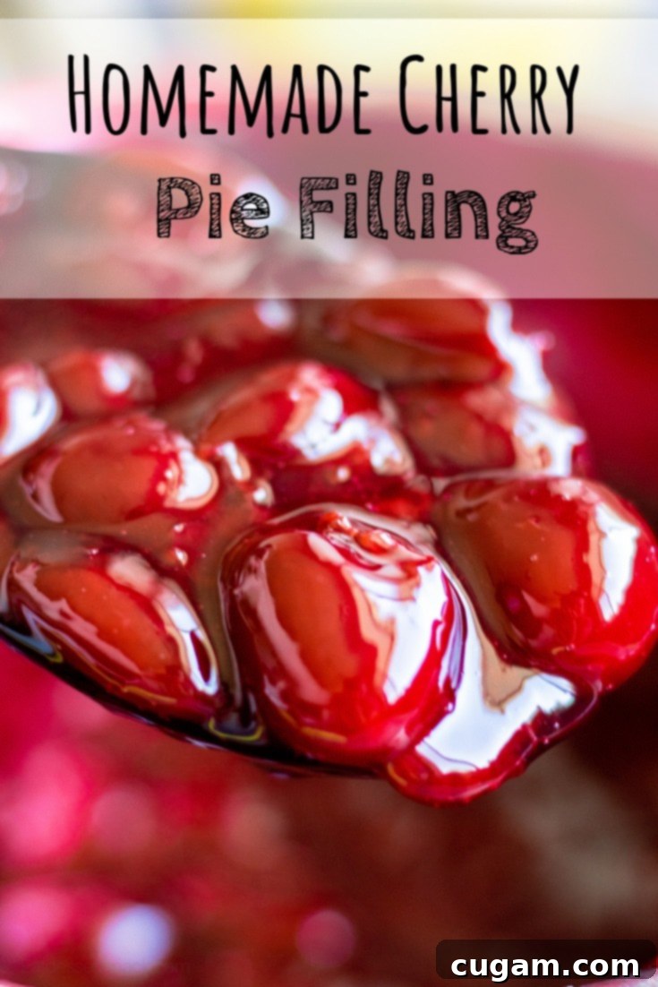 Close up shot of Cooked Cherry Pie filling in a spoon with text overlay. 