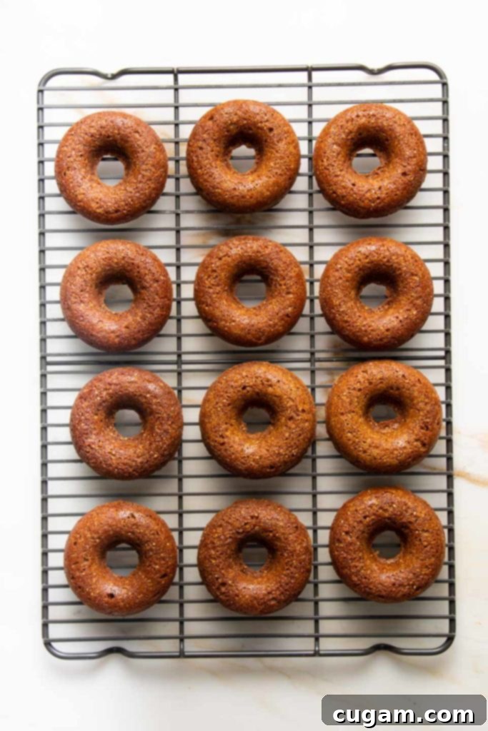 Baked pumpkin donuts cooling on a wire rack. 