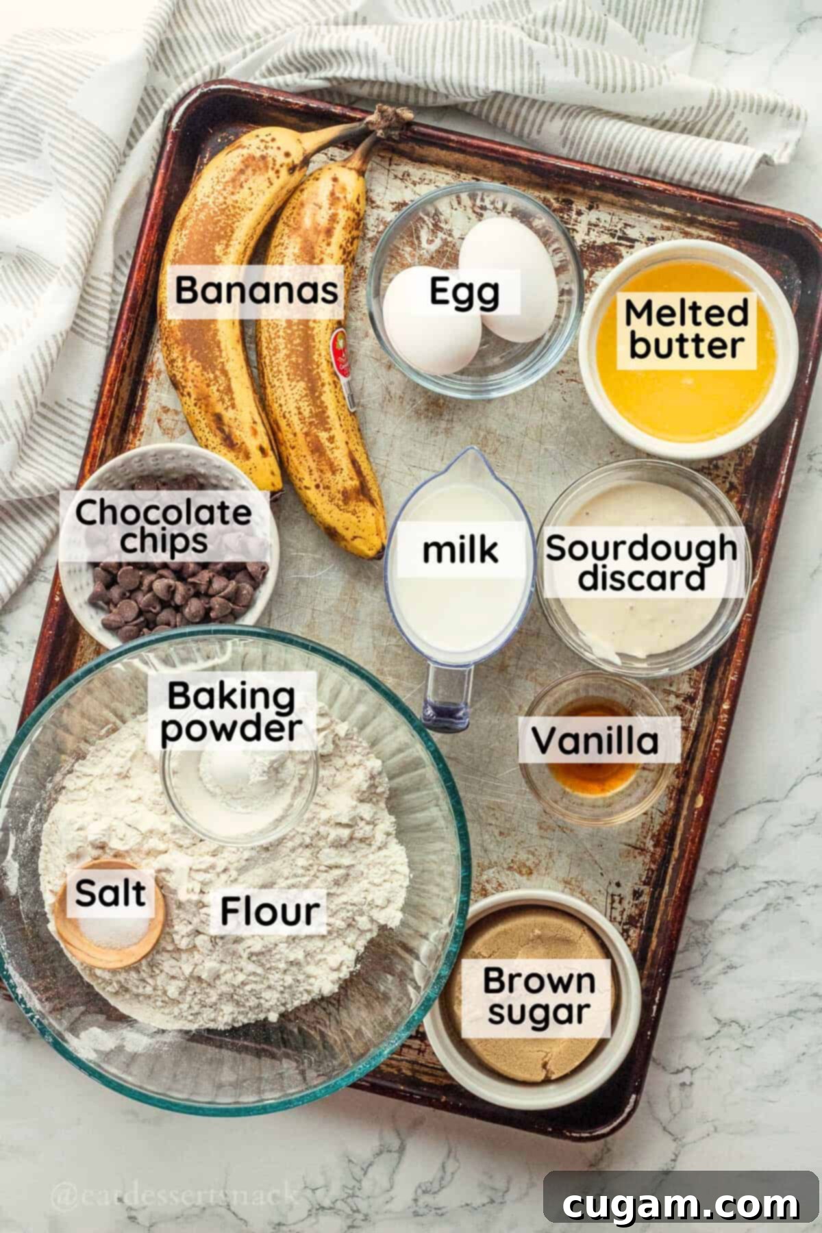Sourdough banana muffin ingredients labeled, including bananas, brown sugar, sourdough discard, milk, flour, butter, and chocolate chips.