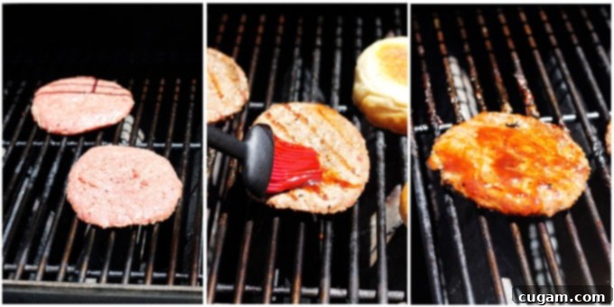 Grilling burger patties step by step with Budweiser BBQ sauce