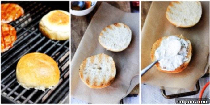Assembling burgers step by step with garlic aioli