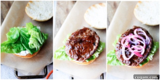 Assembling smoky burgers step by step with pickled onions
