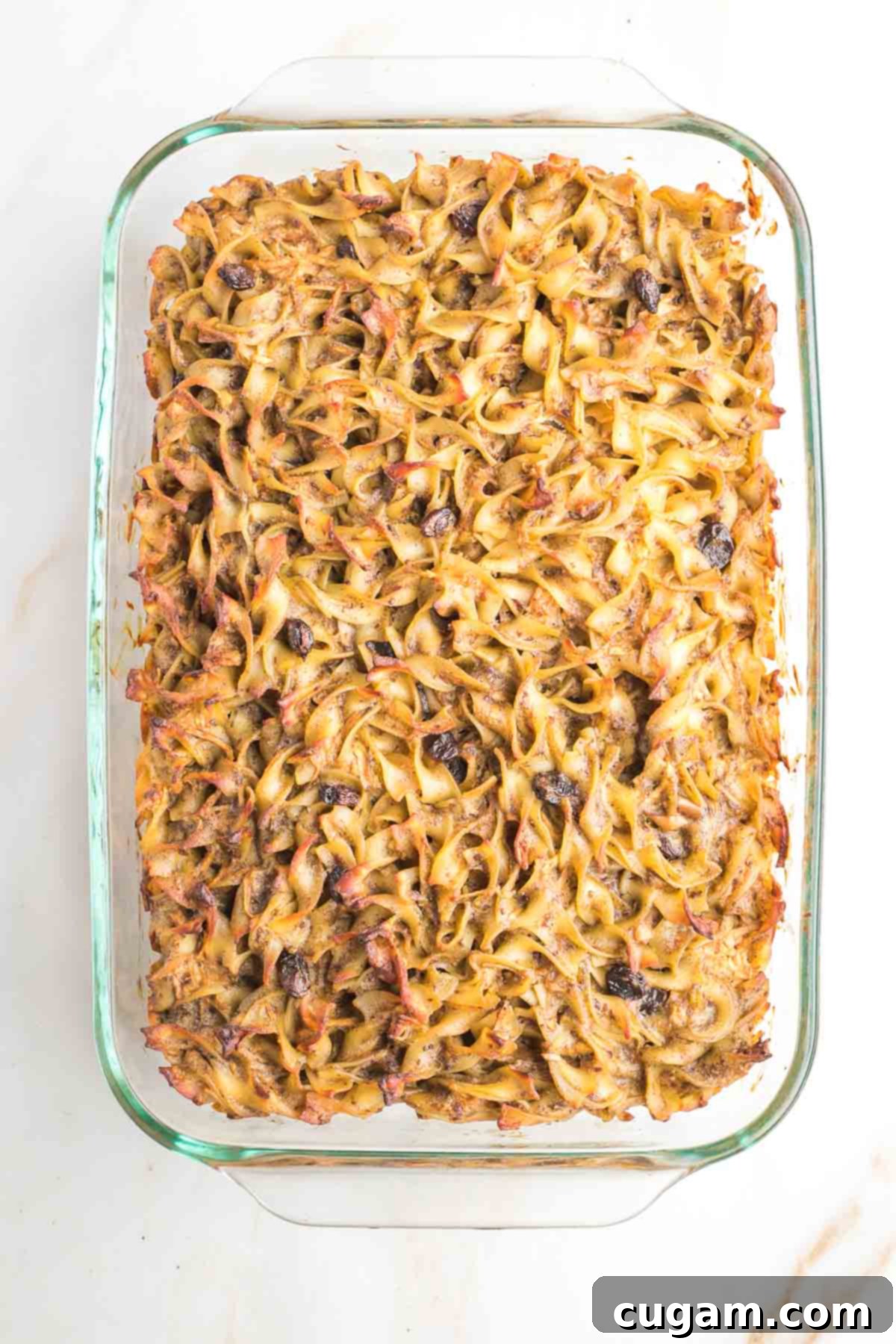 The baked apple raisin noodle kugel, a golden-brown masterpiece in a 9x13 casserole dish, its top beautifully caramelized and ready to be served, radiating warmth and inviting aroma.