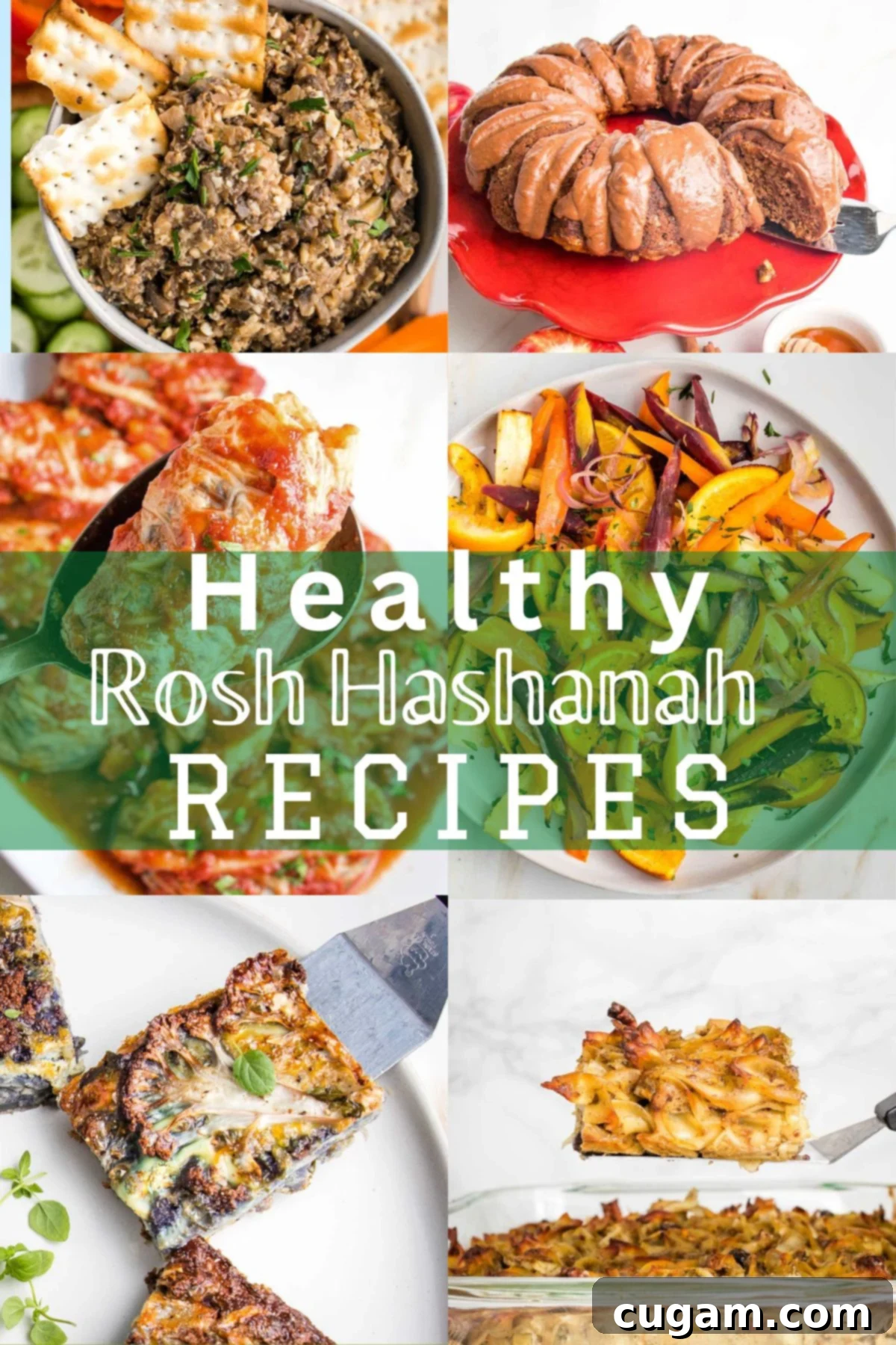 Rosh Hashanah 2025: Healthy Recipes and Menu Ideas 2 Healthy Rosh Hashanah Recipes written across a collage of food pics with apple cake, chopped liver, kugel, carrots and stuffed cabbage. This vibrant collage showcases a variety of wholesome dishes perfect for the Jewish New Year, blending tradition with modern, healthy eating.