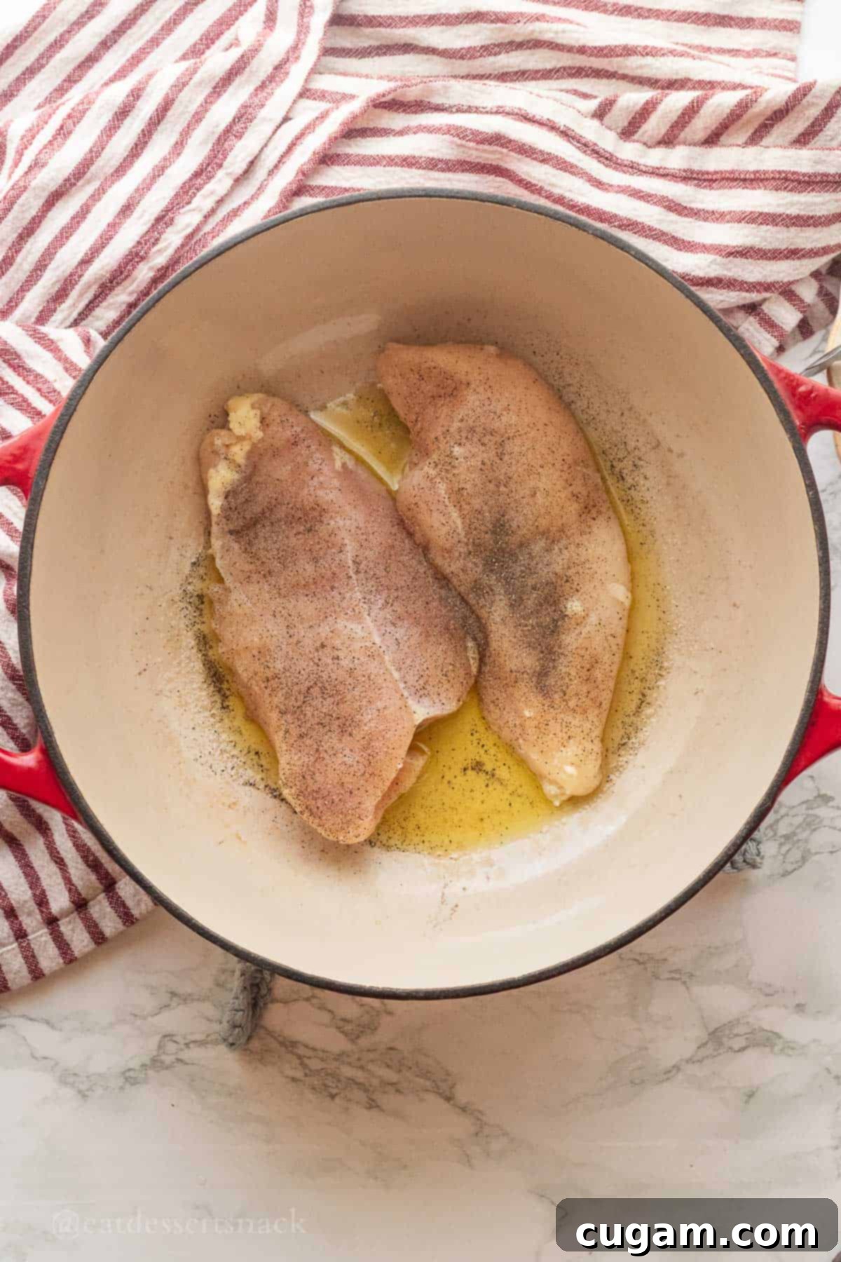 Raw seasoned chicken breasts in pot with olive oil.