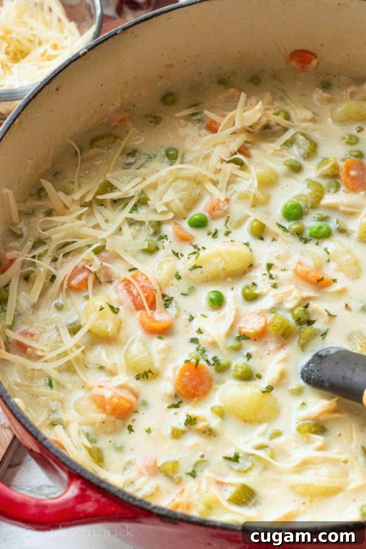 Red pot full of cooked chicken gnocchi soup with parmesan cheese on top.