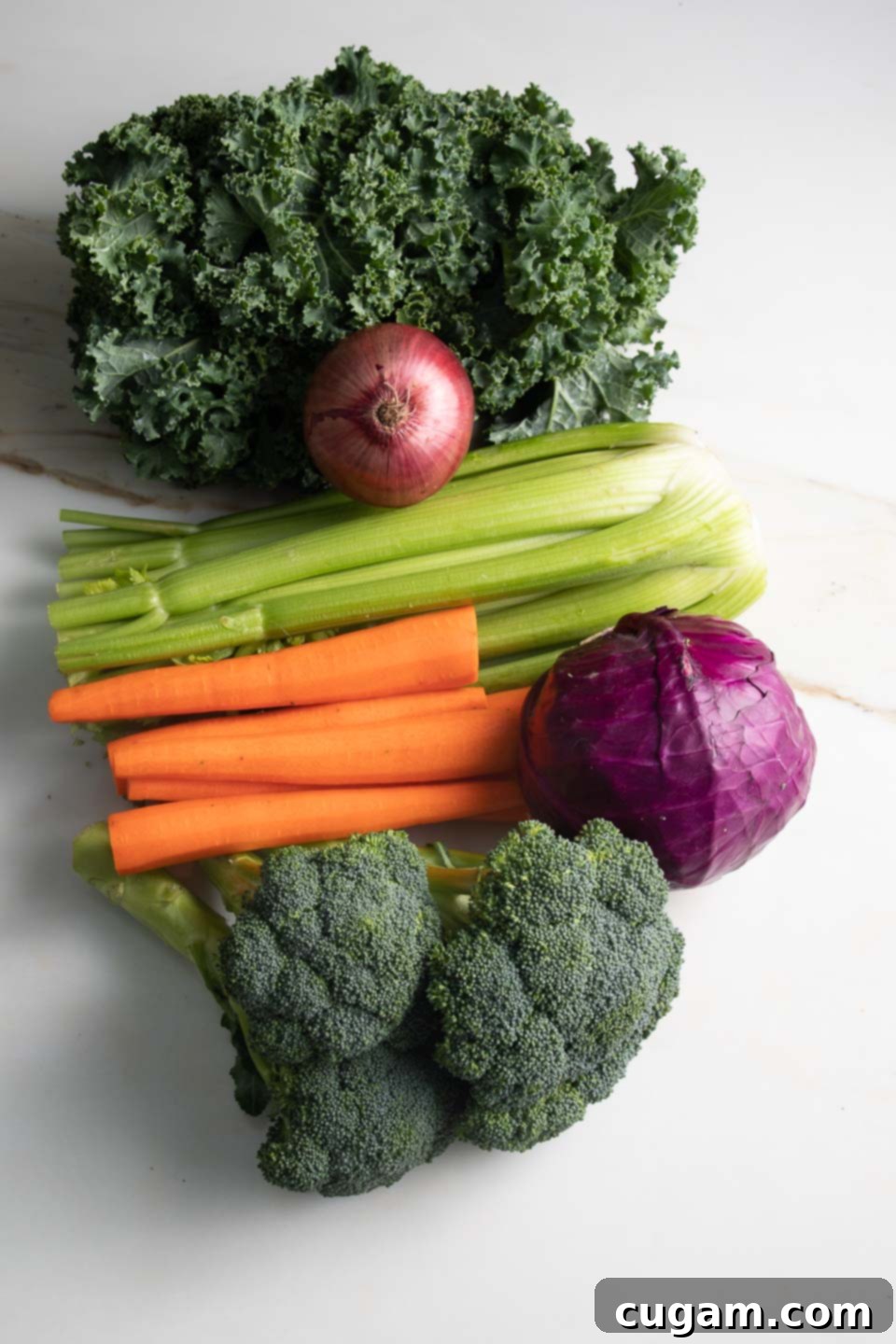 The Ultimate Chopped Salad 3 A selection of fresh, whole vegetables including kale, onion, celery, carrots, cabbage, and broccoli, laid out on a surface.