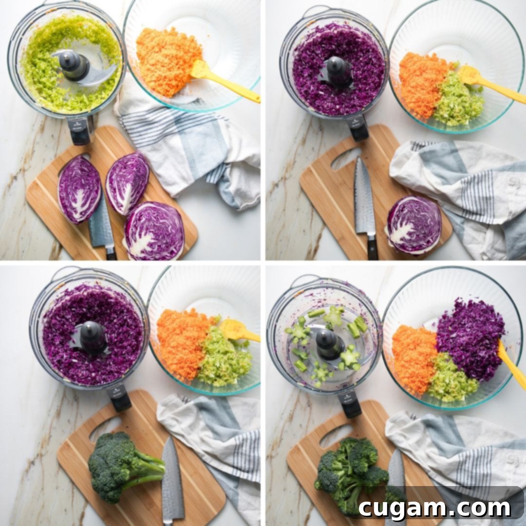 The Ultimate Chopped Salad 5 Separately pulsed carrots, cabbage, onions, and broccoli in a food processor, showcasing various stages of chopping.