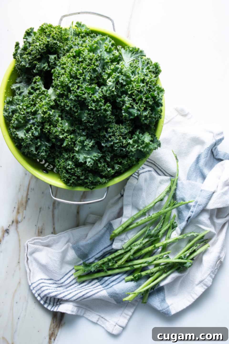 The Ultimate Chopped Salad 6 A colander filled with washed curly kale and its stems.