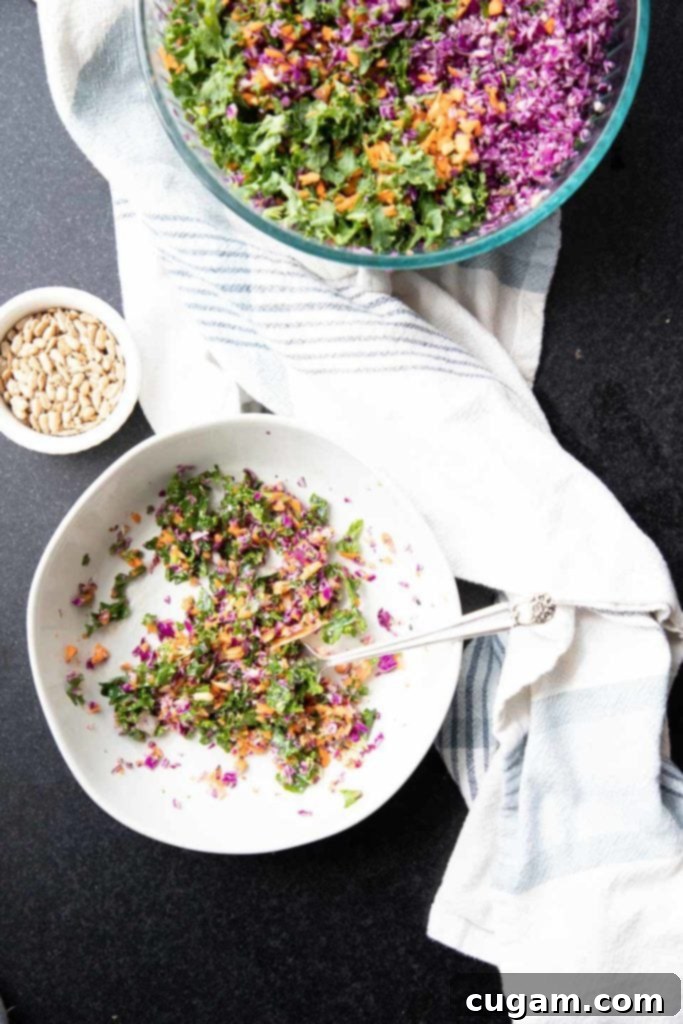 The Ultimate Chopped Salad 9 A large bowl of vibrant, food processor-chopped vegetables ready for meal prep, next to a smaller bowl of the finished chopped salad topped with sunflower seeds.