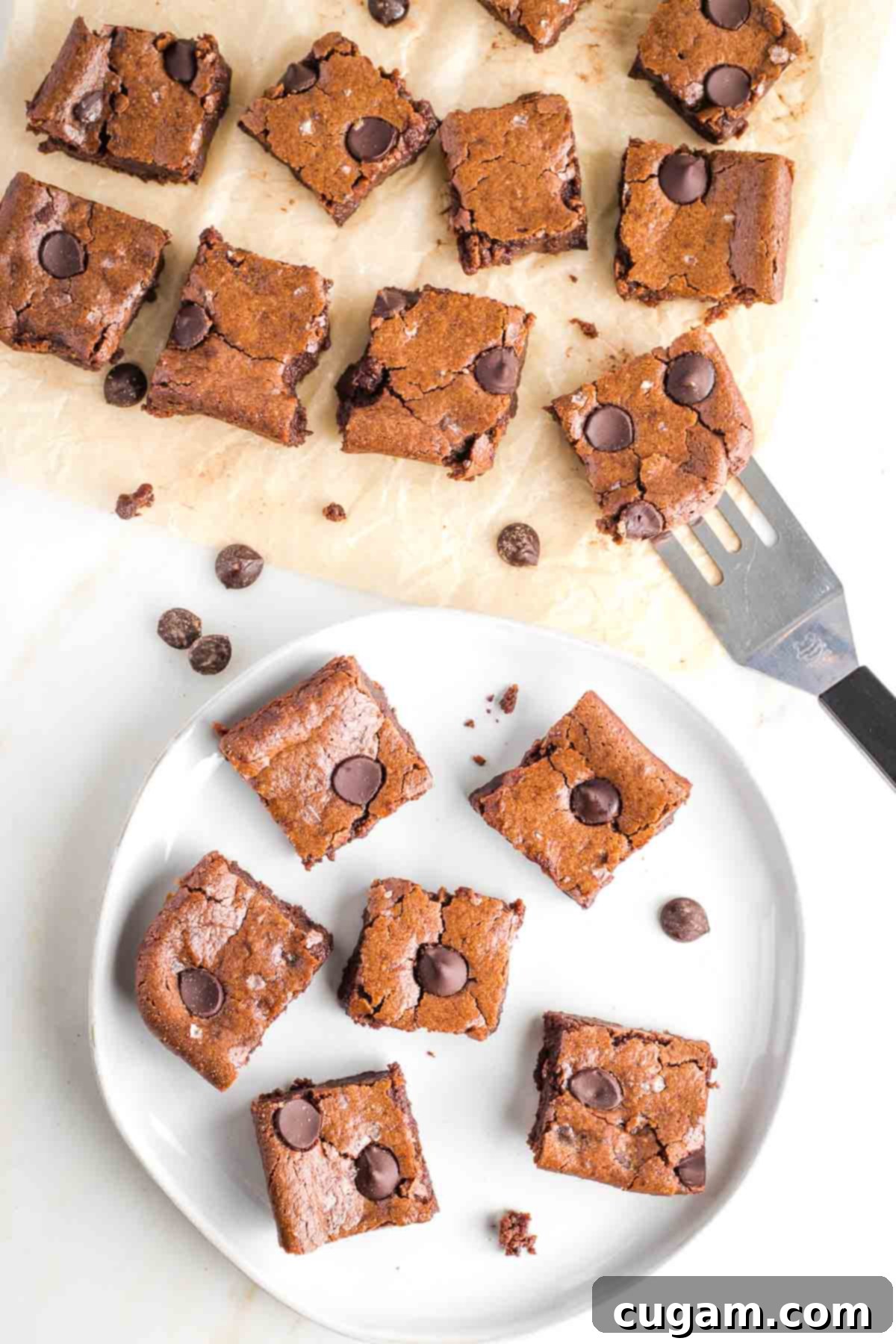 Freshly baked vegan tahini brownies with chocolate chips, being transferred from parchment paper to a serving plate.