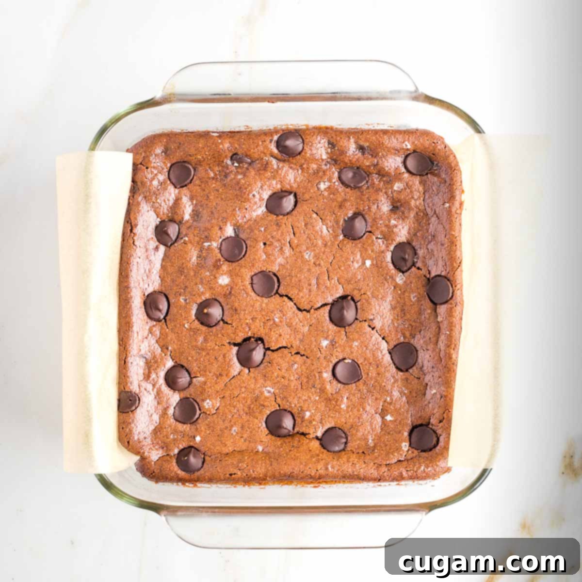 Freshly baked vegan tahini brownies with melted chocolate chips, resting in a glass square baking pan to cool.