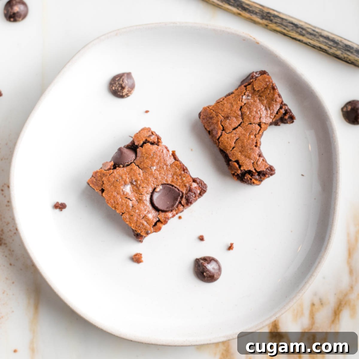 Two fudgy tahini brownies on a plate, one with a bite taken, garnished with a few chocolate chips.