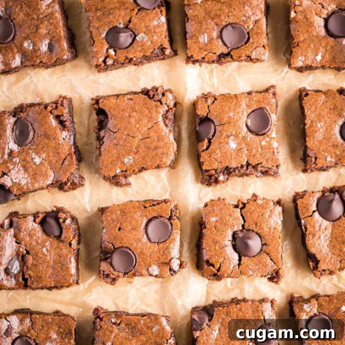 Tahini brownies with chocolate chips, spread out on unbleached parchment paper on a baking sheet, ready for freezing.