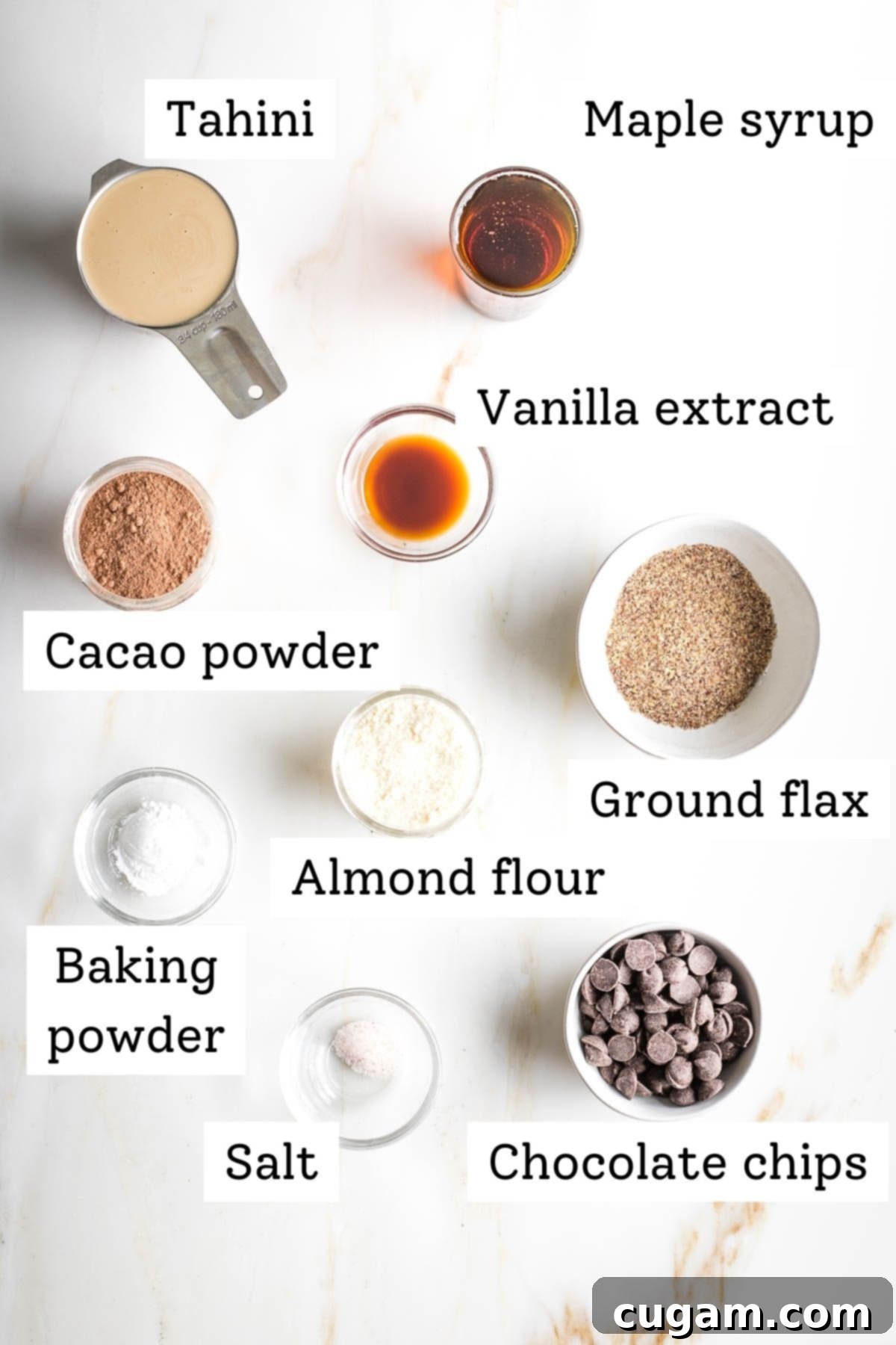 Labeled ingredients for vegan tahini brownies: tahini, maple syrup, cacao powder, vanilla extract, ground flaxseed, baking powder, almond flour, dark chocolate chips, and sea salt.