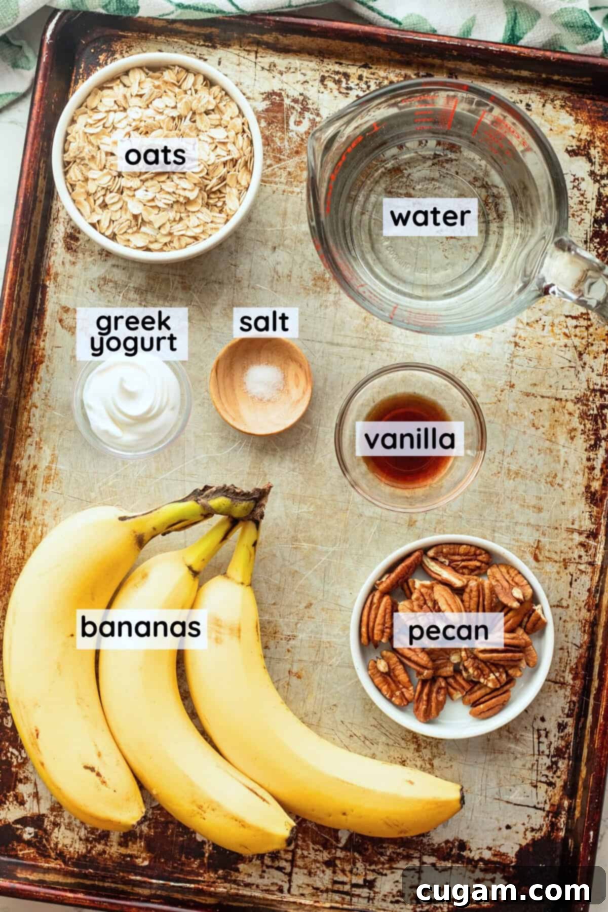 Banana Nut Oatmeal Bliss 3 Labeled ingredients for banana nut oatmeal in glass bowls.