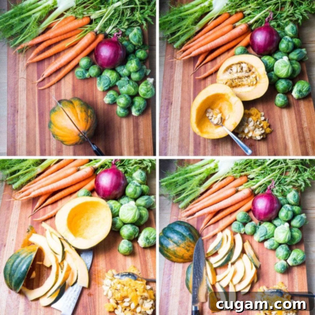 Step by Step Prepping acorn squash. Halve. Scoop out seeds. Slice.