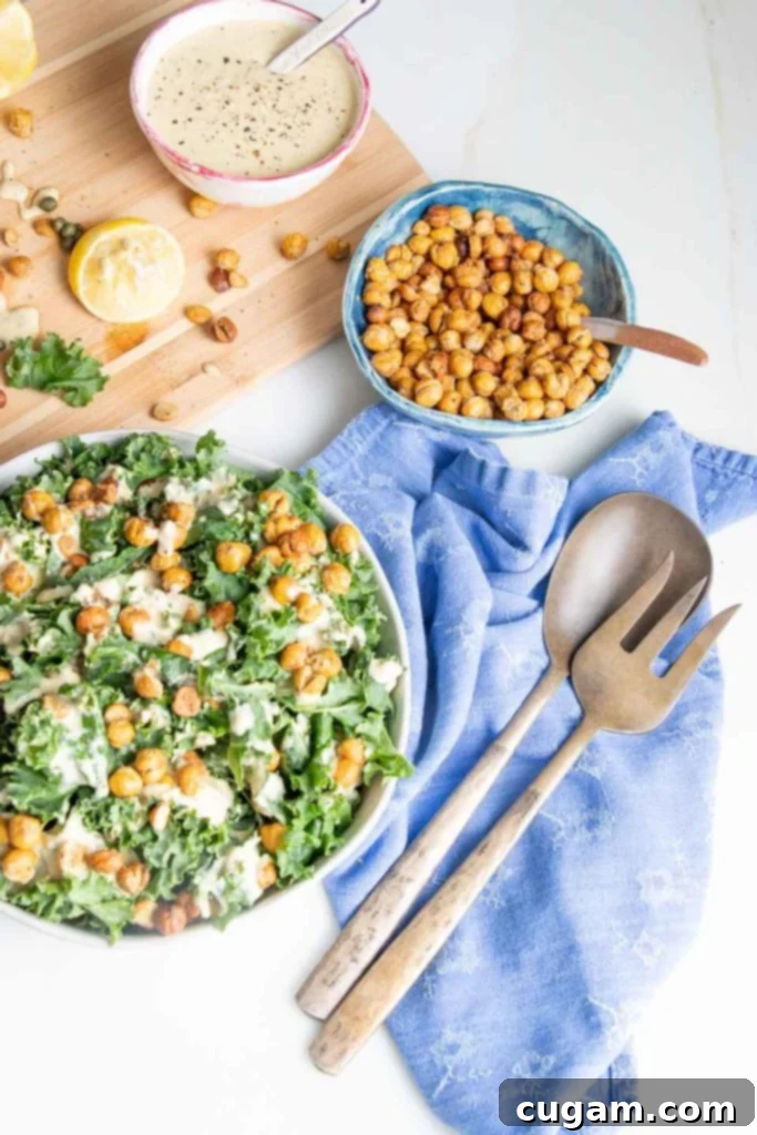 A colorful display of kale salad with creamy dressing and crunchy croutons