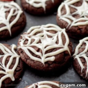 Spooky Spider Web Cookies 13 Spider web cookie with white chocolate on black plate, ready to be enjoyed.