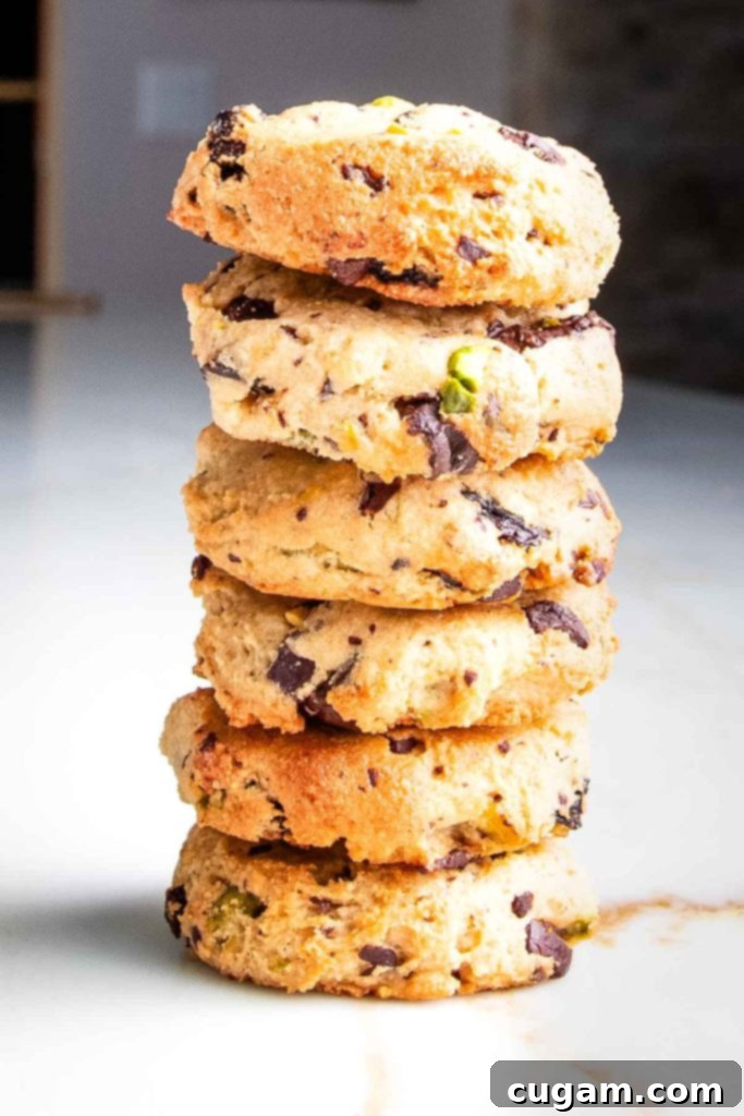 Chewy Vegan Gluten Free Chocolate Chunk Cookies 2 Stack of chocolate chunk cookies with pistachios and dried cherries, showcasing their inviting texture.