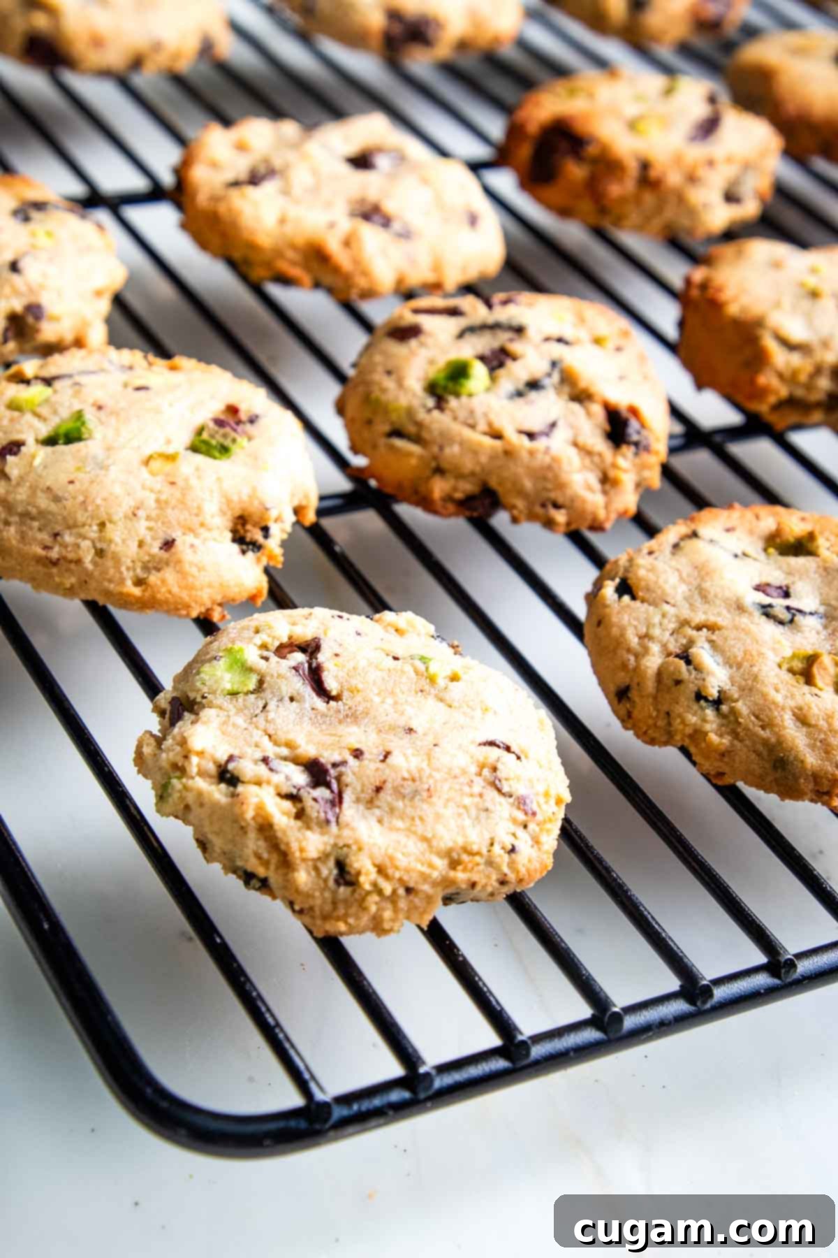 Chewy Vegan Gluten Free Chocolate Chunk Cookies 11 Freshly baked cookies cooling on a wire rack.