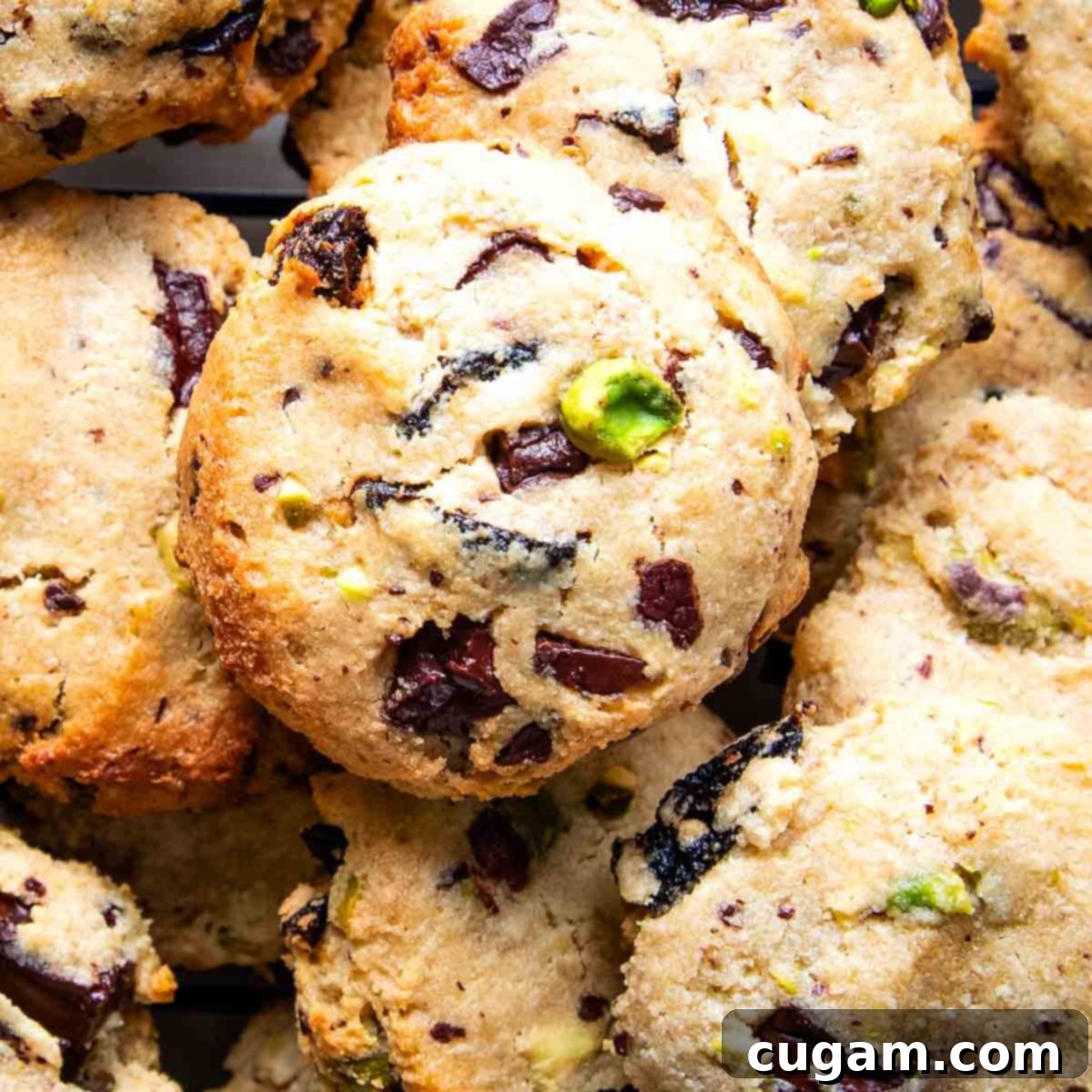 Chewy Vegan Gluten Free Chocolate Chunk Cookies 14 Pile of chocolate chunk cookies with pistachios and dried cherries, artfully arranged on a rustic surface.