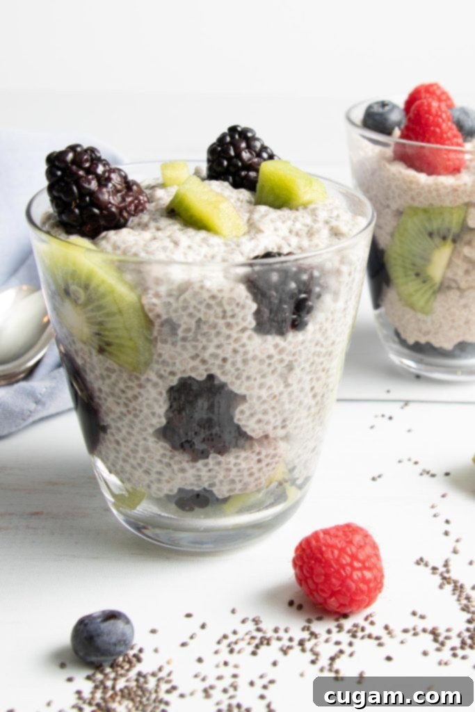 Vanilla Chia Pudding in a glass topped with fresh kiwi and mixed berries, showing a vibrant and healthy meal.