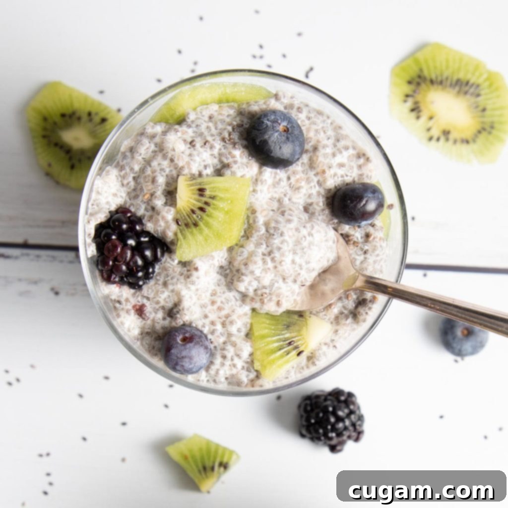 Vanilla Chia Pudding with fresh berries and kiwi, beautifully arranged in a clear glass jar.