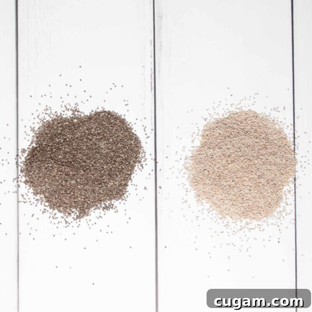 Close-up of black chia seeds and white chia seeds side-by-side, showcasing their slight color difference.